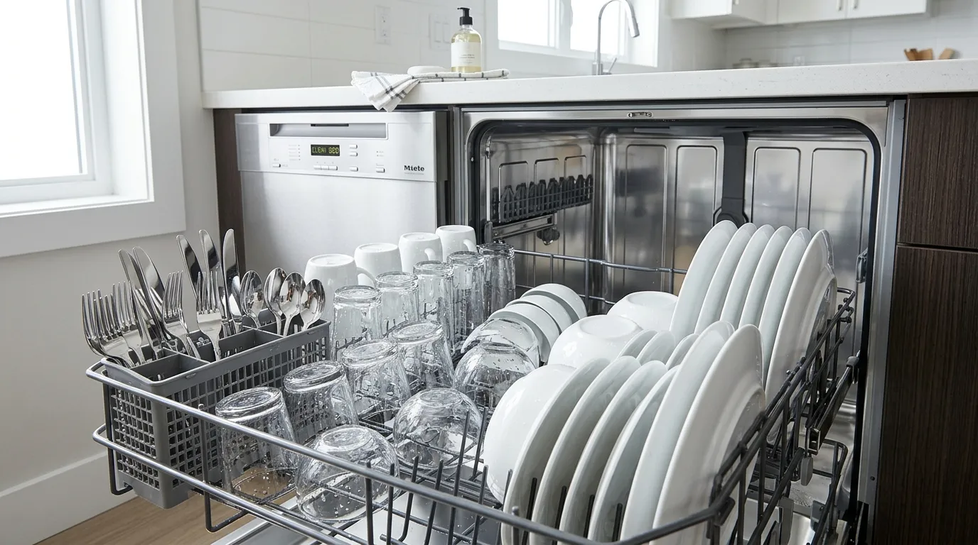 An open dishwasher loaded perfectly with safe stainless steel and ceramic dishes