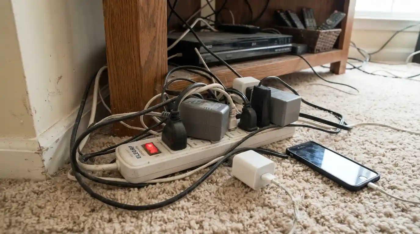 An overloaded power strip jammed with multiple bulky plugs tucked behind a TV stand
