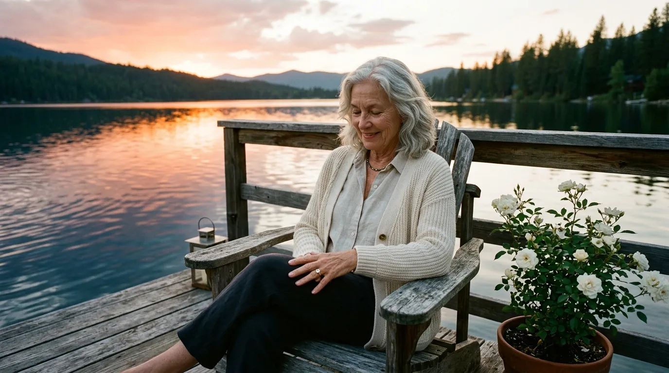 Elderly woman sitting peacefully on a dock looking at a diamond ring on her hand