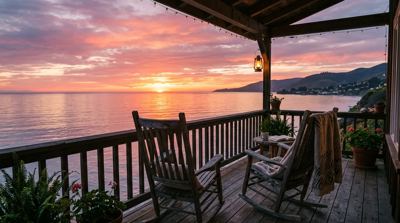A peaceful view from a wooden porch overlooking the ocean at sunset