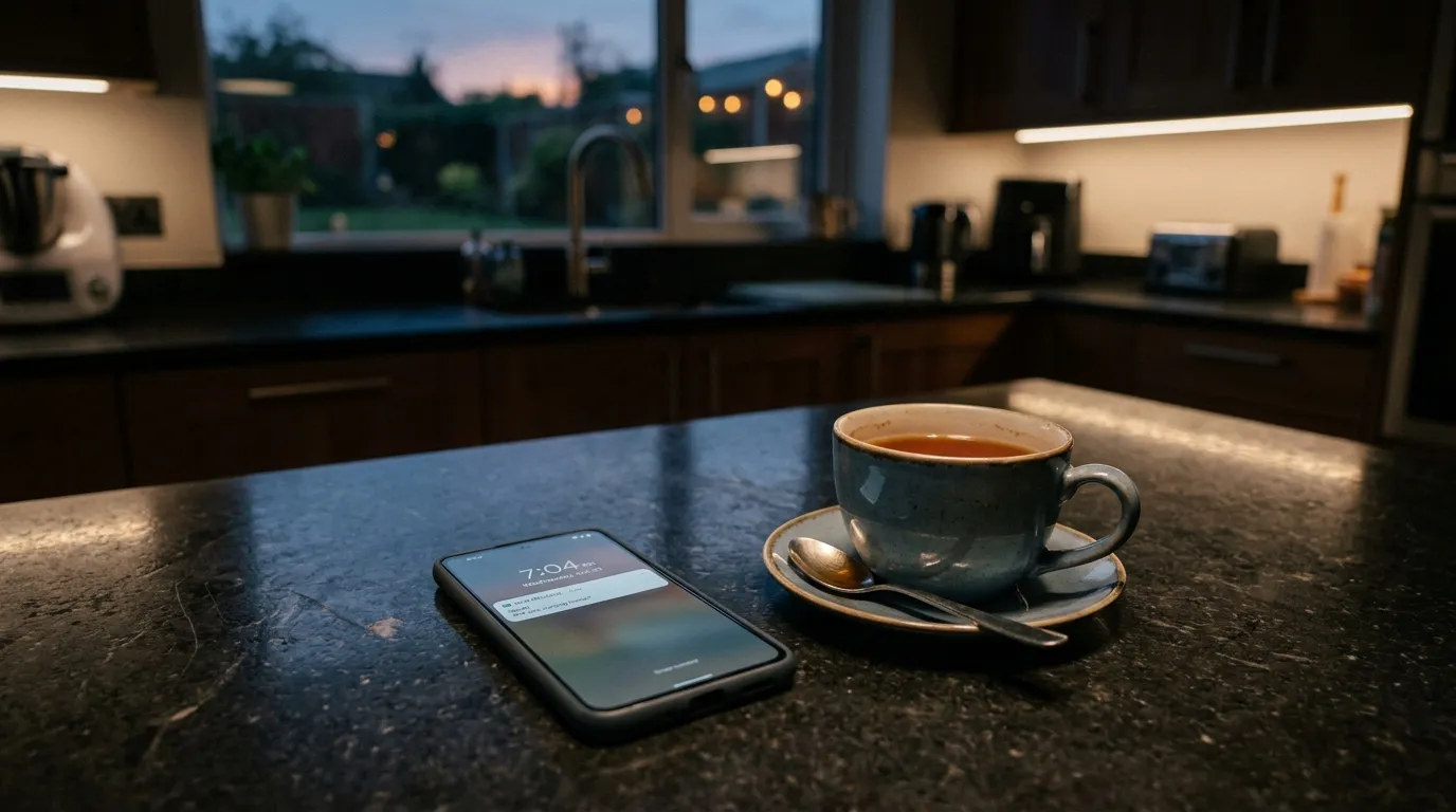 A glowing smartphone on a dark kitchen counter showing a new text message