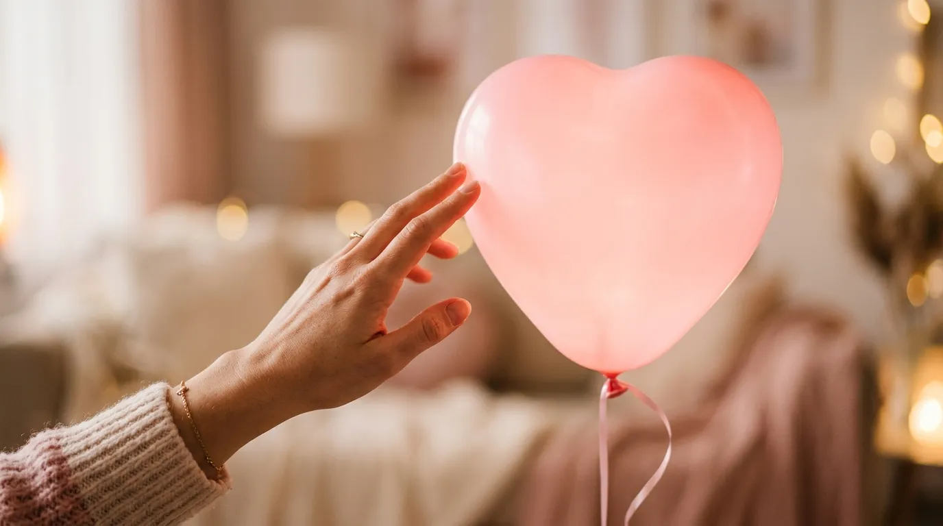A close-up of a person's hand gently reaching out to touch a floating, glowing pink heart-shaped balloon