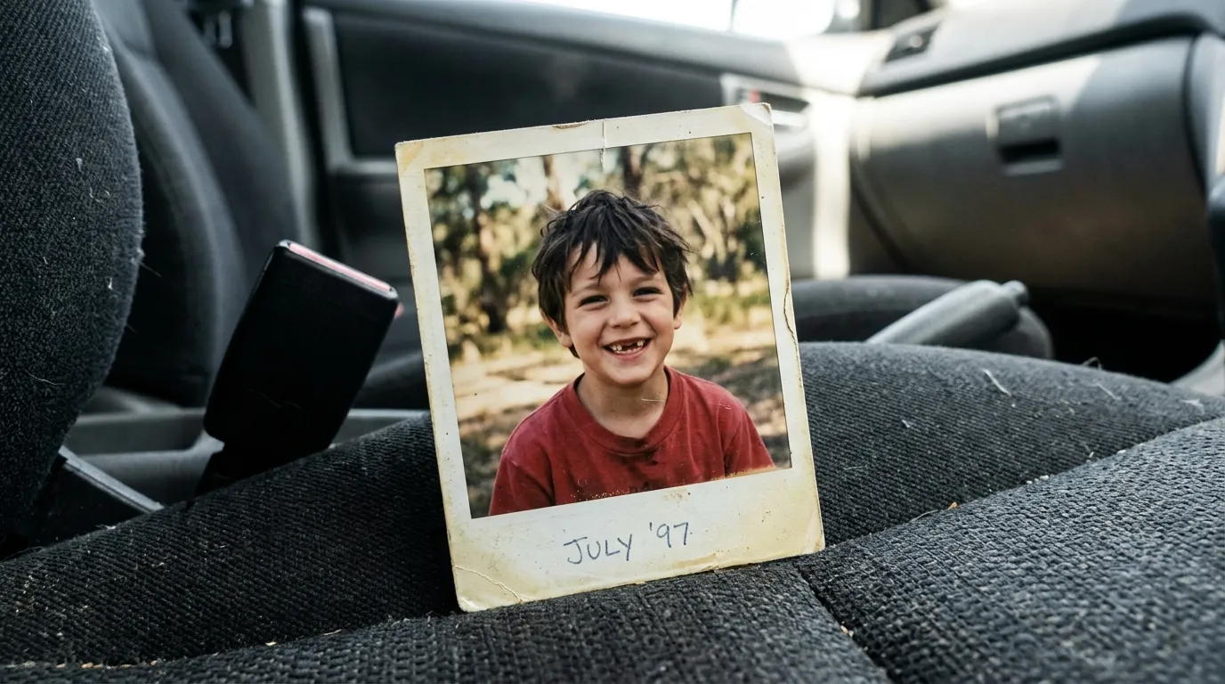 An old, faded Polaroid picture of a young boy in a red shirt resting on a car seat.