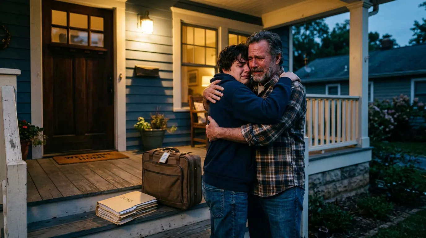 Father and son embracing on the front porch with a folder beside them