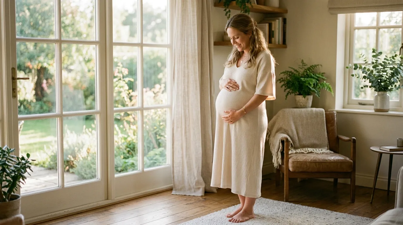 Serene pregnant woman gently holding her belly in warm sunlight