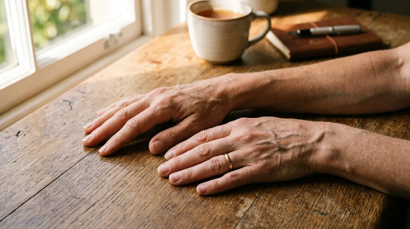 Close up of a person's hands resting on a desk showing visible veins