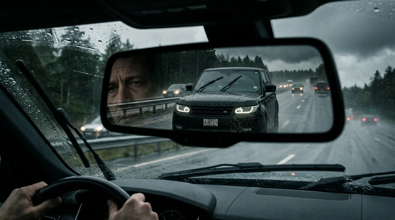 View of a dark SUV tailgating closely, seen through a car's rearview mirror