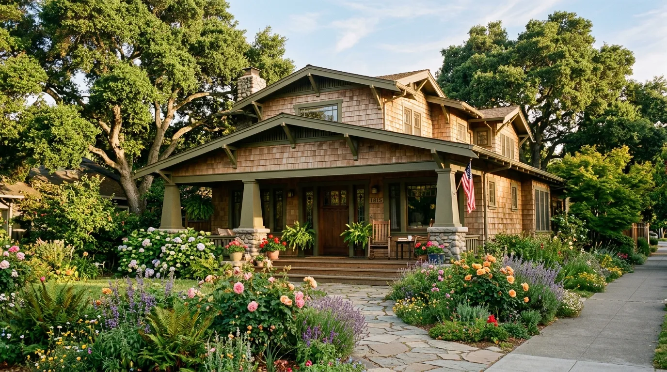 A classic Craftsman house in Berkeley surrounded by lush trees in the warm afternoon sunlight