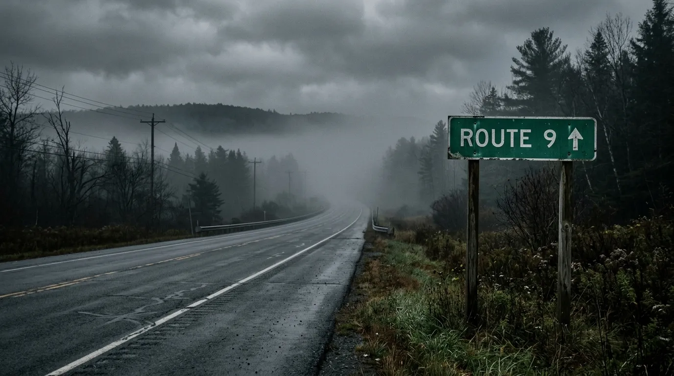 A moody, fog-covered stretch of highway with a faded Route 9 road sign.