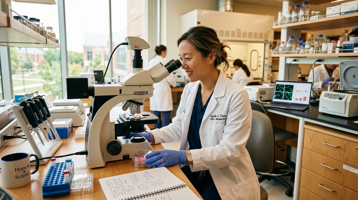 Medical researcher looking into a microscope in a bright laboratory