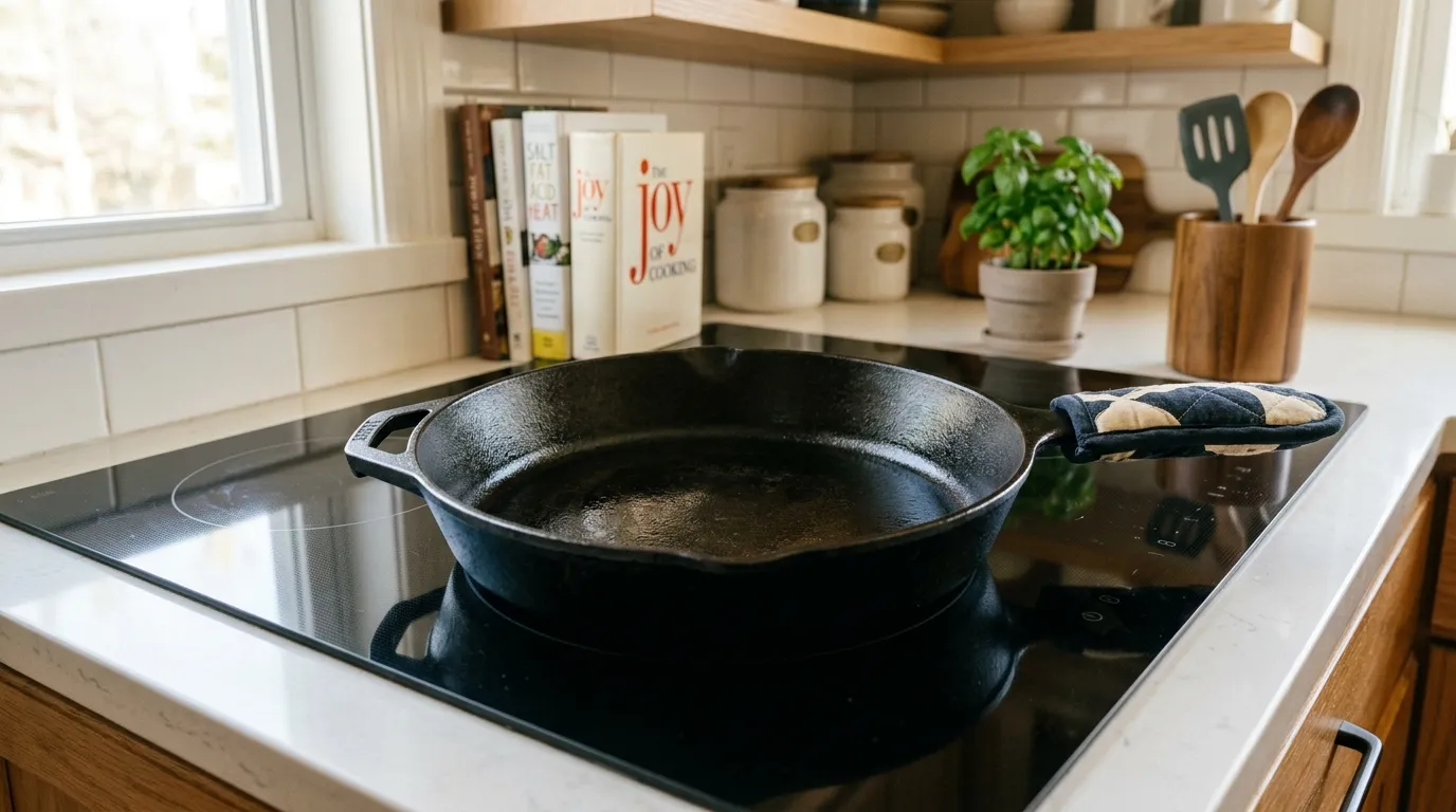 A perfectly seasoned cast iron skillet resting on a modern stovetop