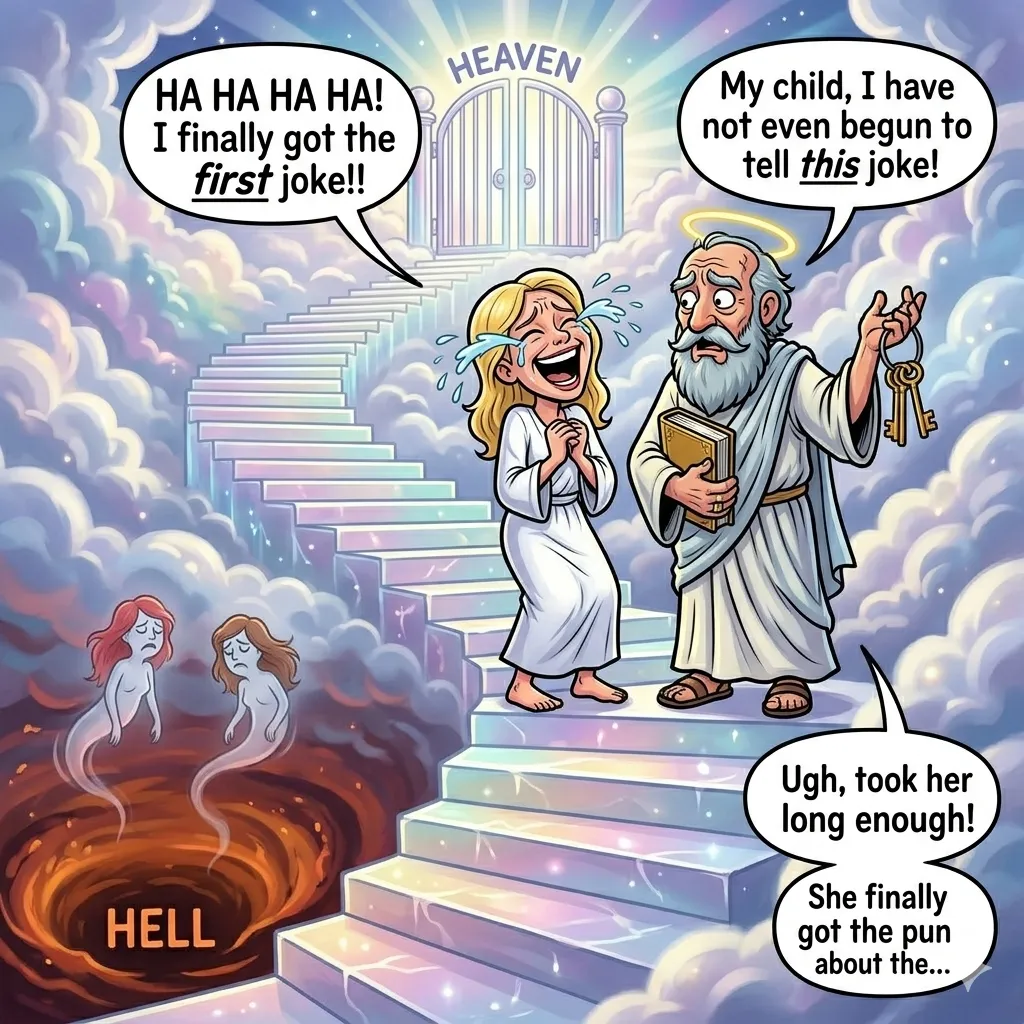 St. Peter pointing to a thousand-step stairway into the clouds