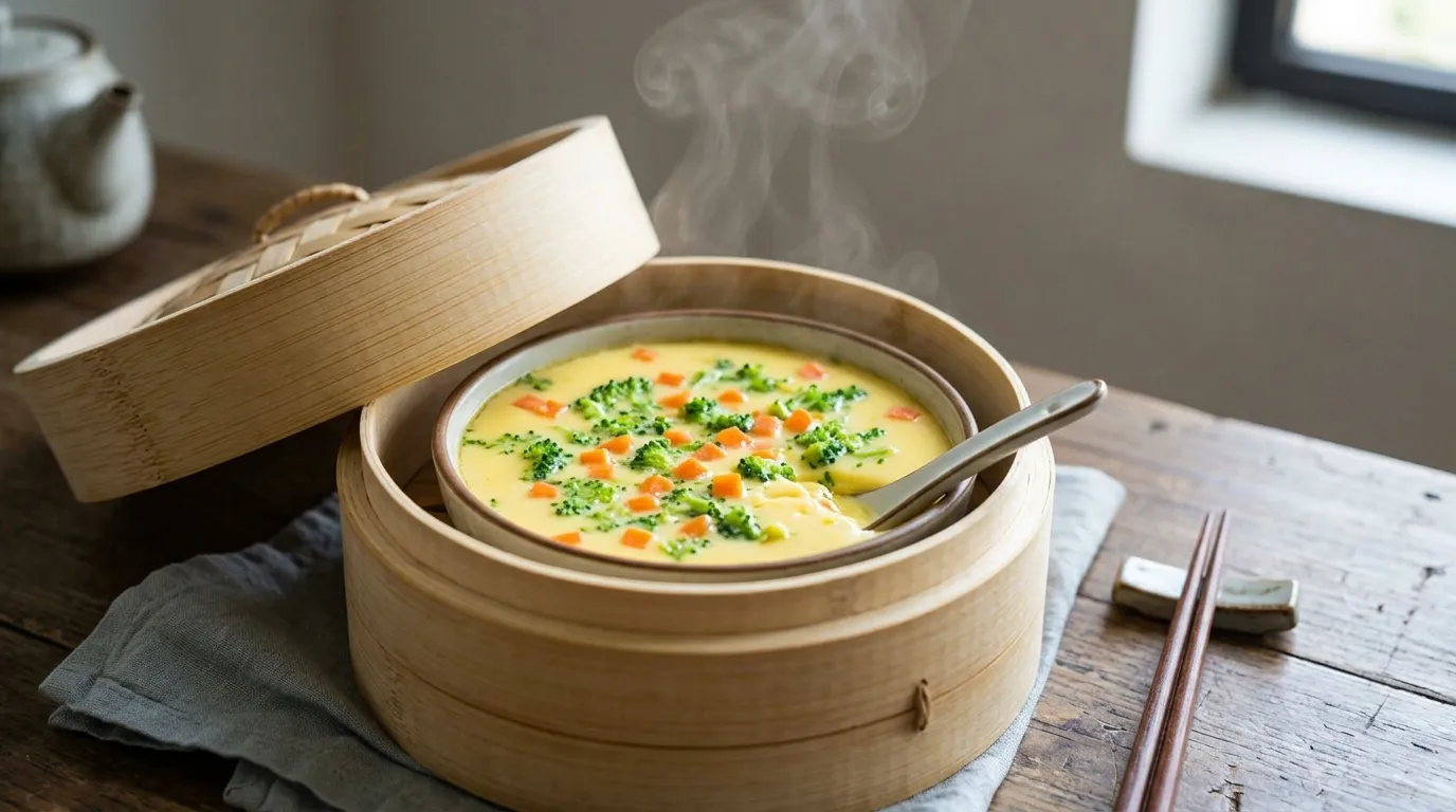 Silky steamed egg custard with chopped broccoli and carrots in a bamboo steamer