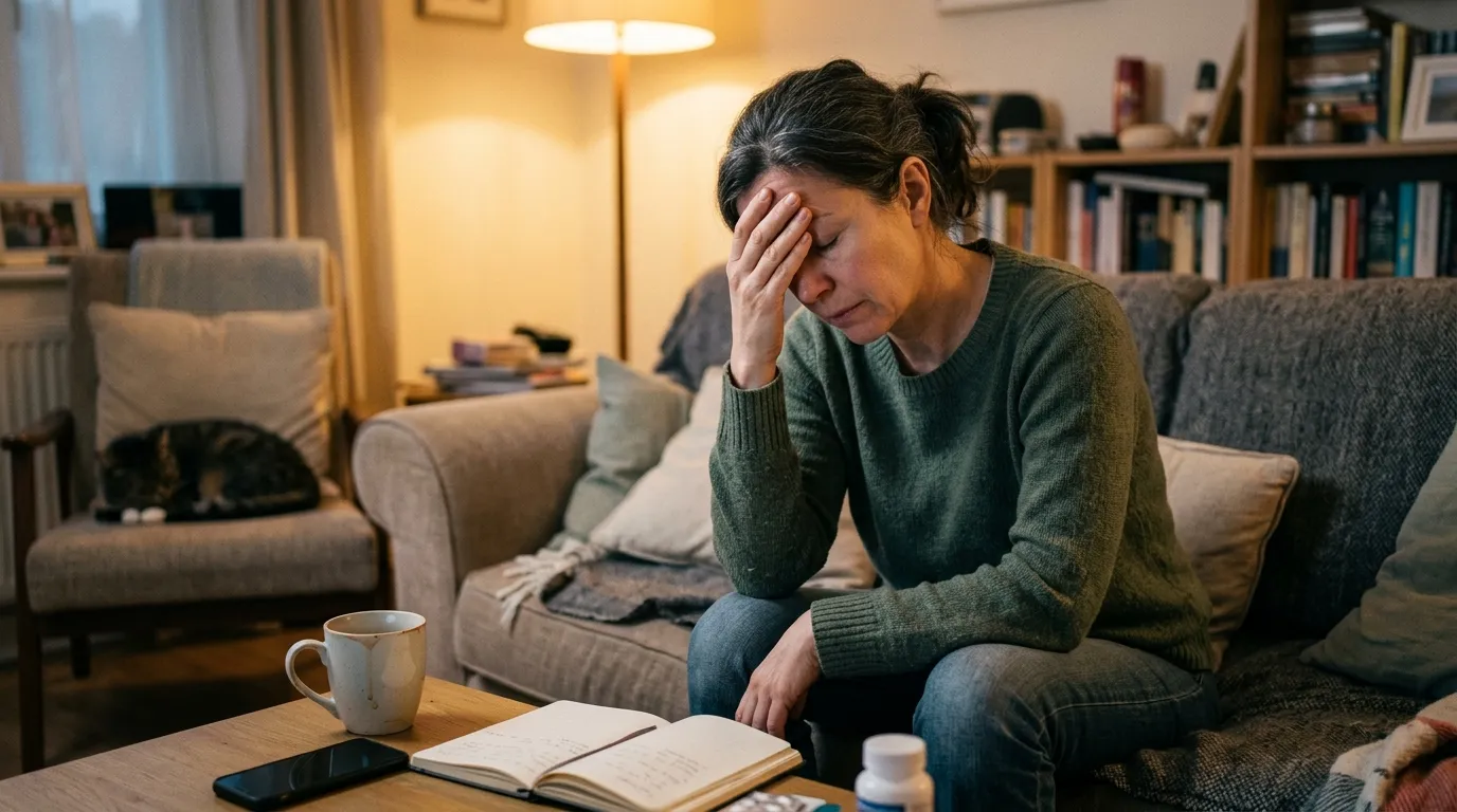 A stressed adult sitting on a couch, representing a weakened immune system