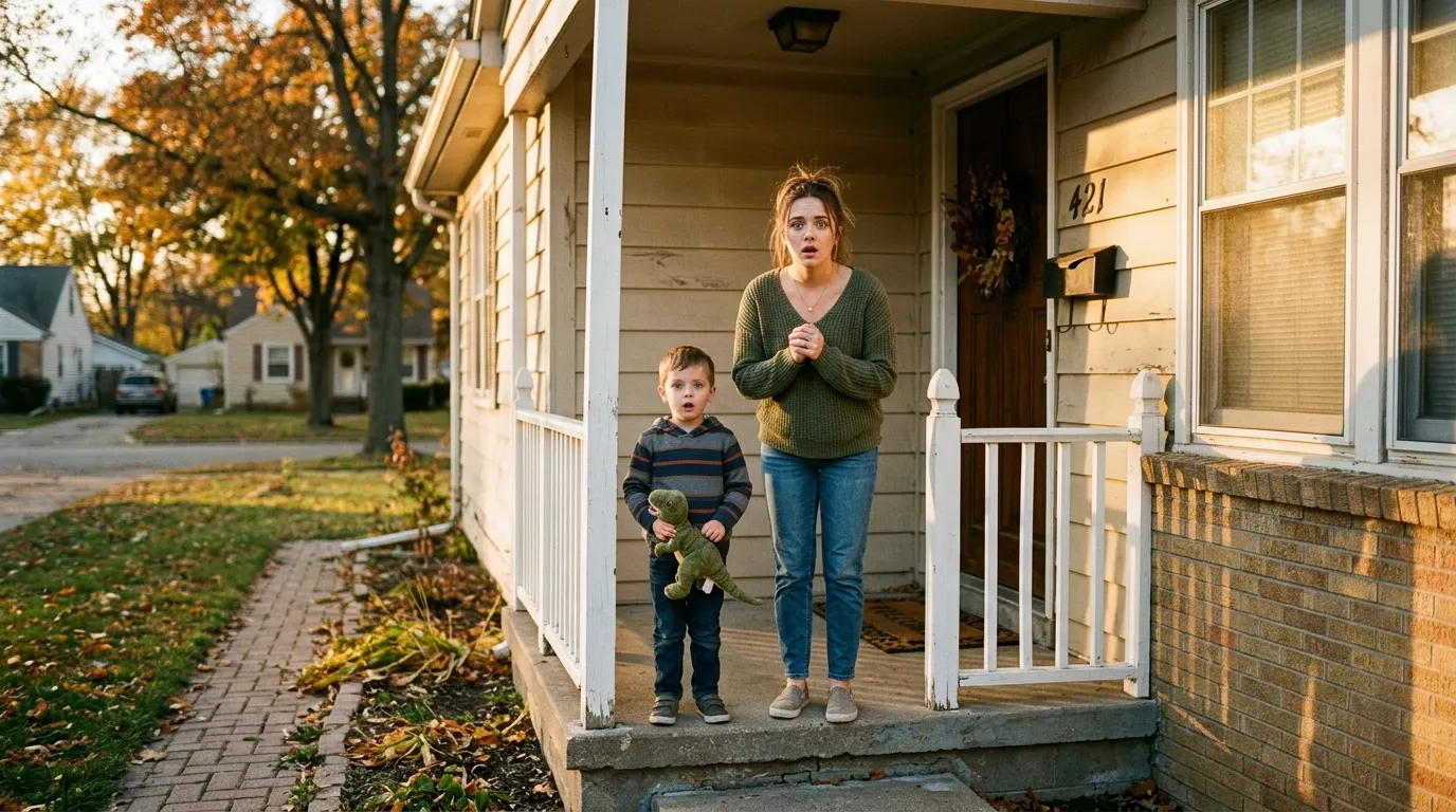 A young woman and a little boy standing in front of a normal suburban house.