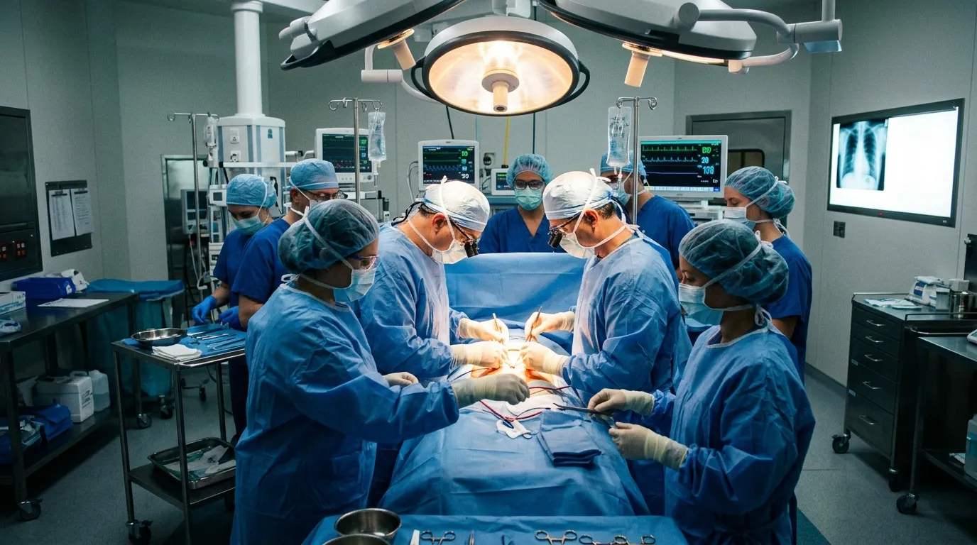 A large surgical team working under bright medical lights