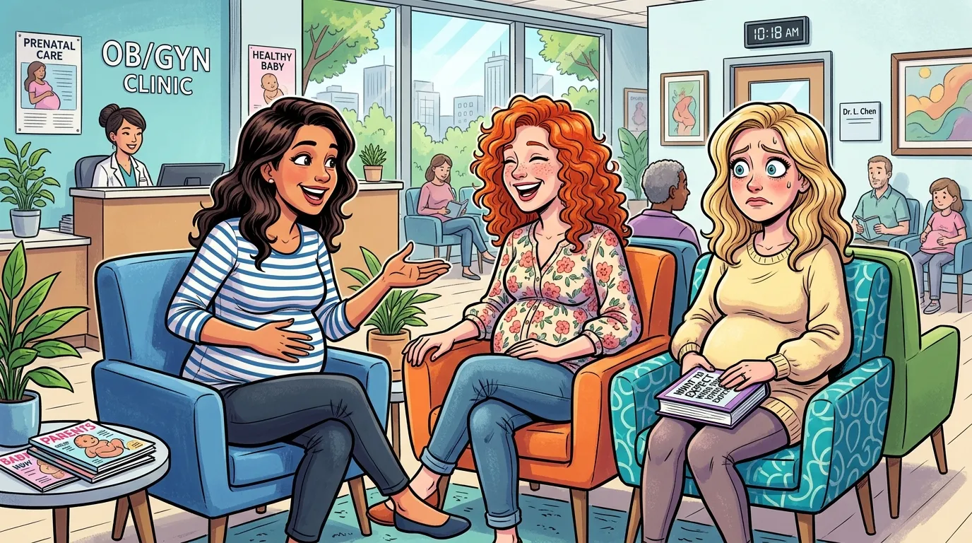 Three women chatting in an OBGYN waiting room