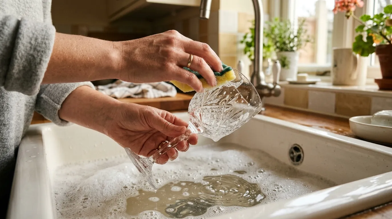 Hands gently washing a delicate crystal glass in warm soapy water