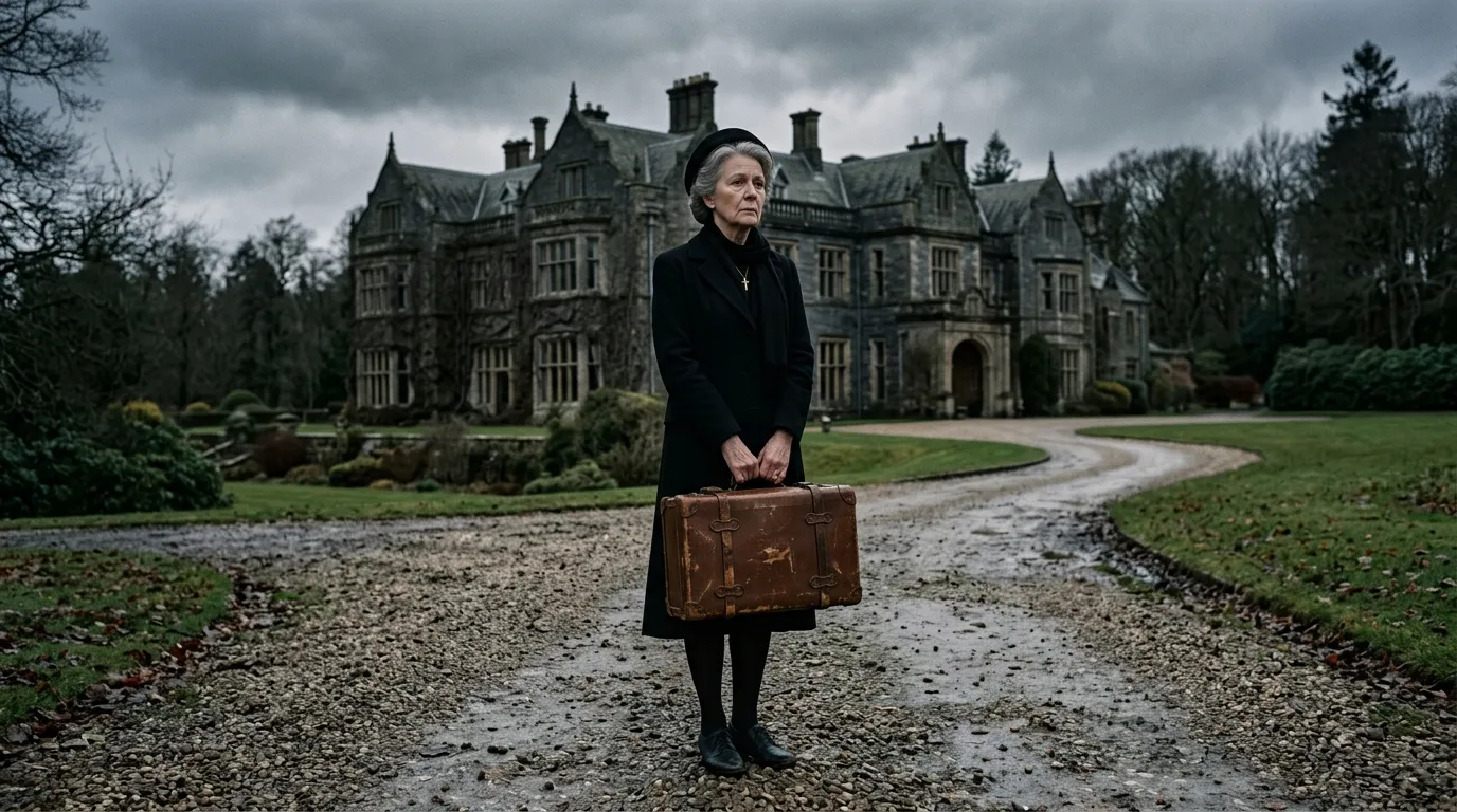 Elderly woman in mourning clothes holding a brown suitcase outside a large estate