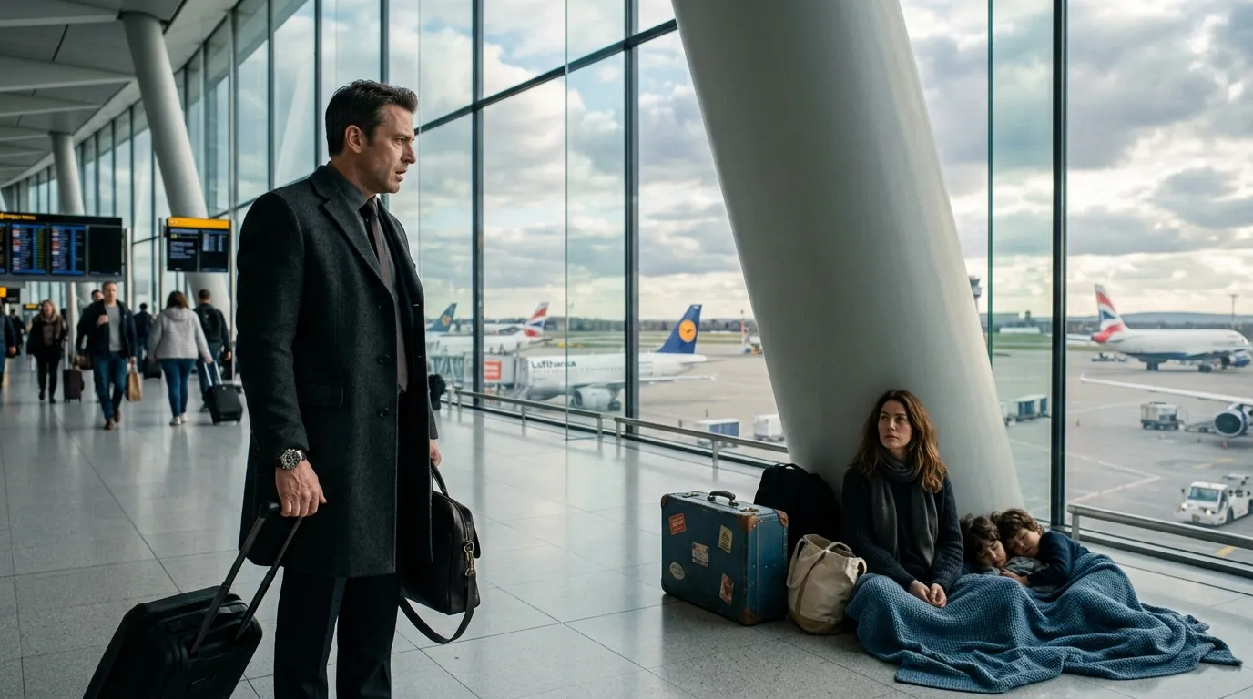 A businessman stops in shock upon spotting a woman and twin boys asleep by a blue suitcase in an airport terminal