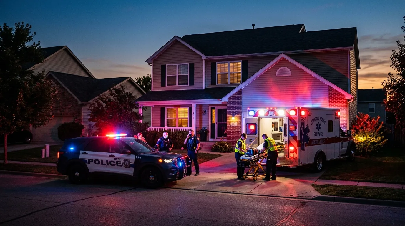 Flashing red and blue lights of an ambulance outside an ordinary suburban house