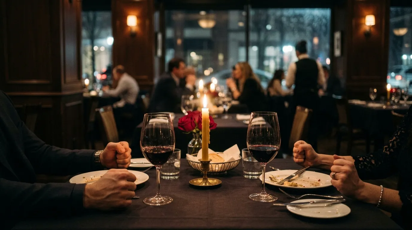 A warmly lit, upscale romantic restaurant with two wine glasses on the table