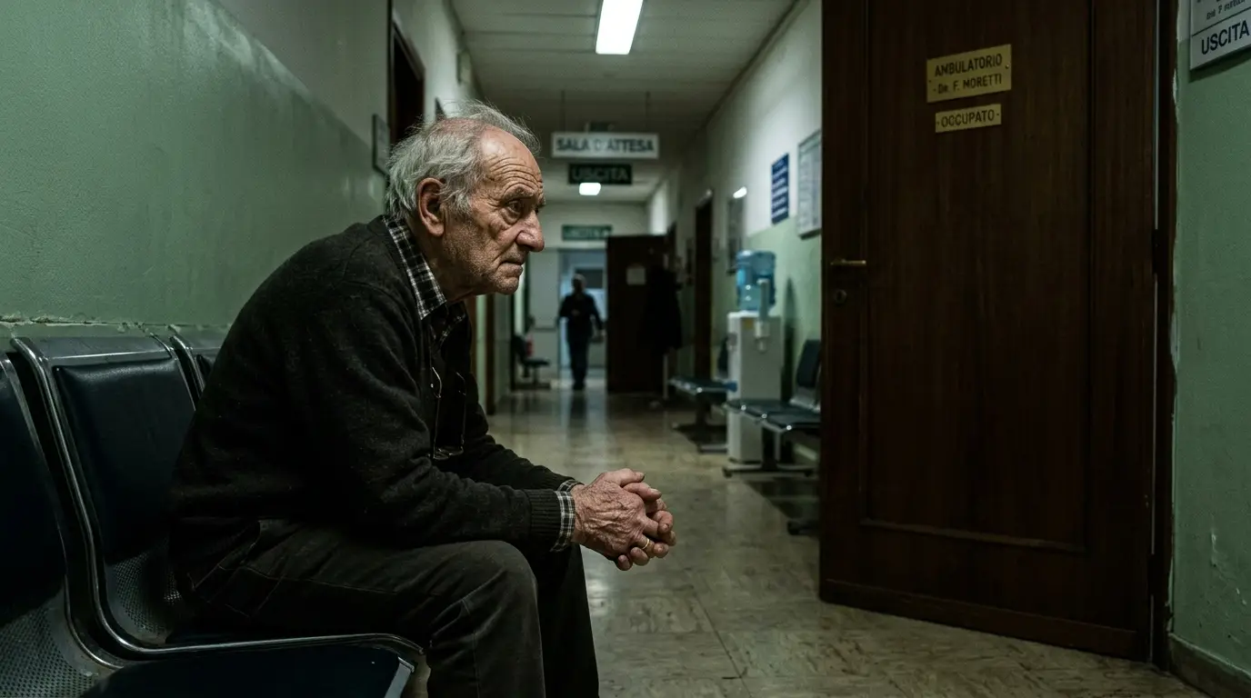 An elderly man sitting nervously in a hospital waiting room, staring at a closed door