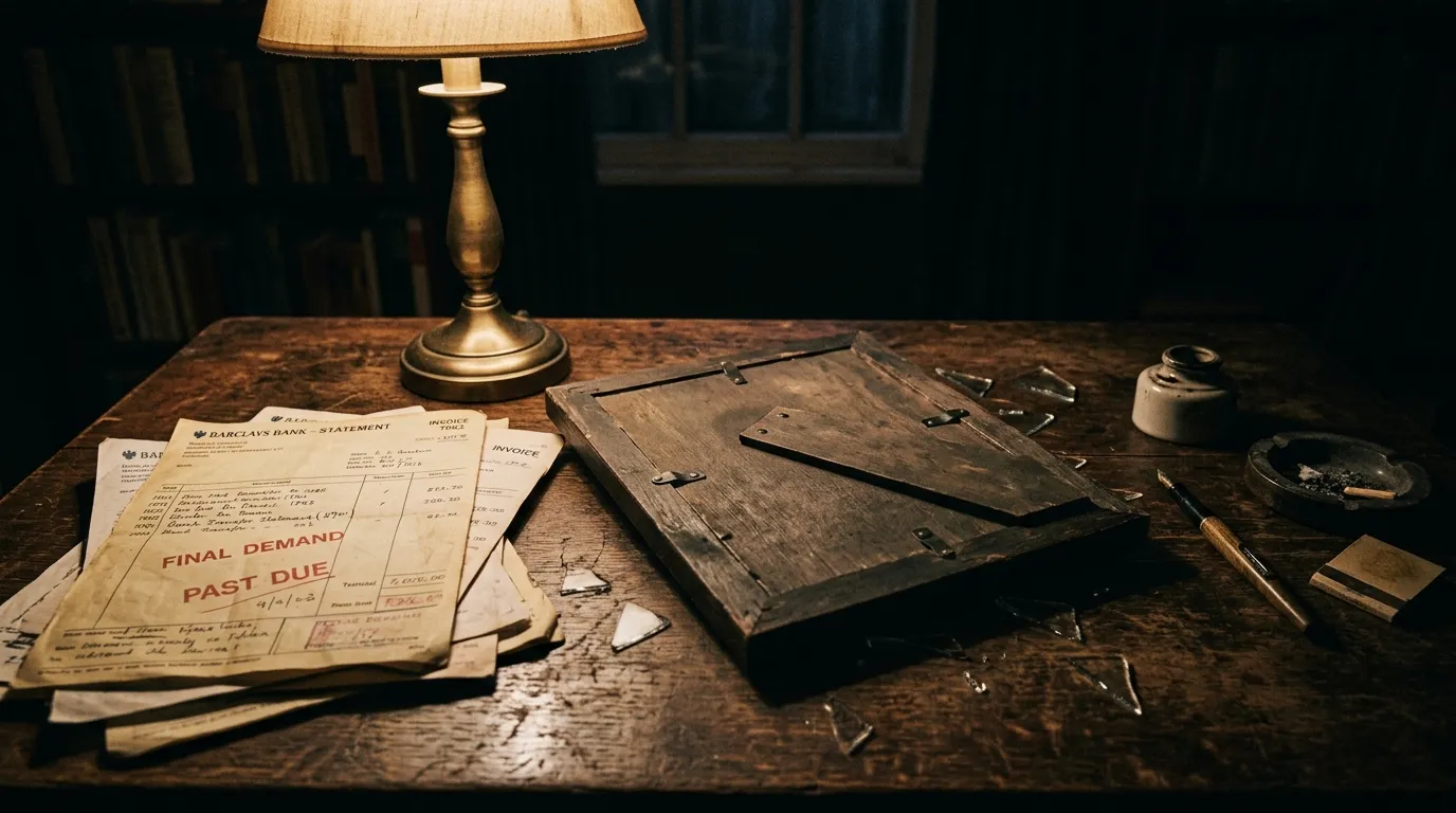 Stack of old bank transfer records on a wooden desk next to a cracked picture frame.