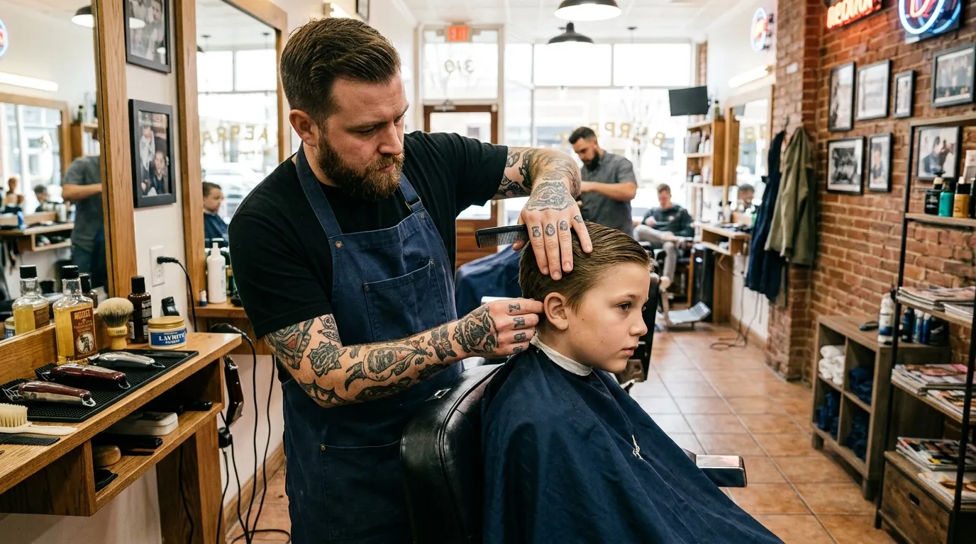 A tattooed barber looking concerned while parting a young boy's hair in a barbershop