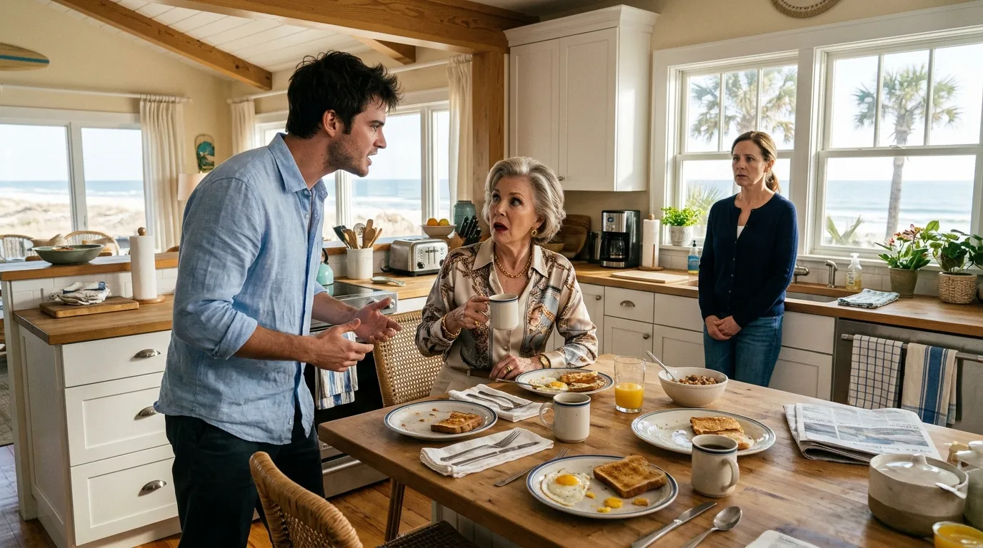 A tense confrontation in a sunny beach house kitchen between a young man and an older woman