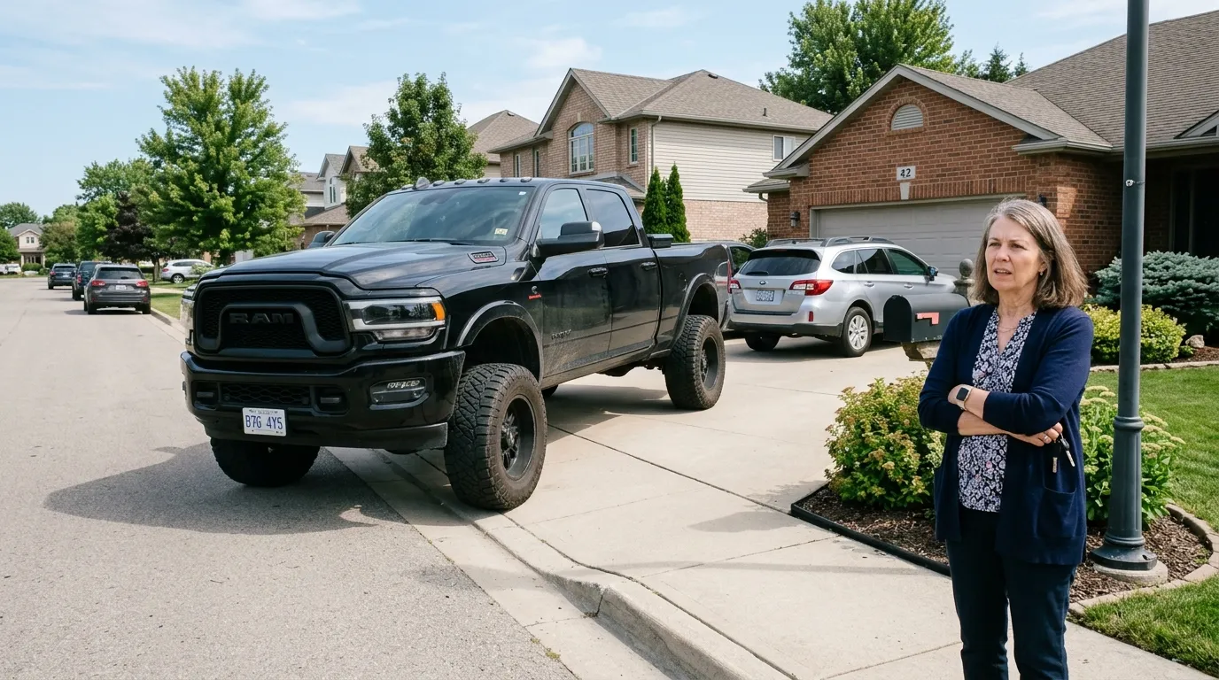 A large black pickup truck parked terribly, blocking a suburban driveway