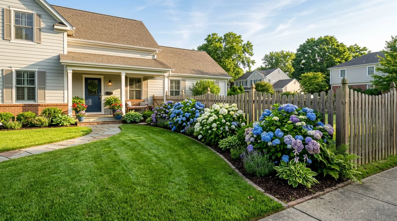 Beautifully manicured front yard with blooming blue and purple hydrangeas
