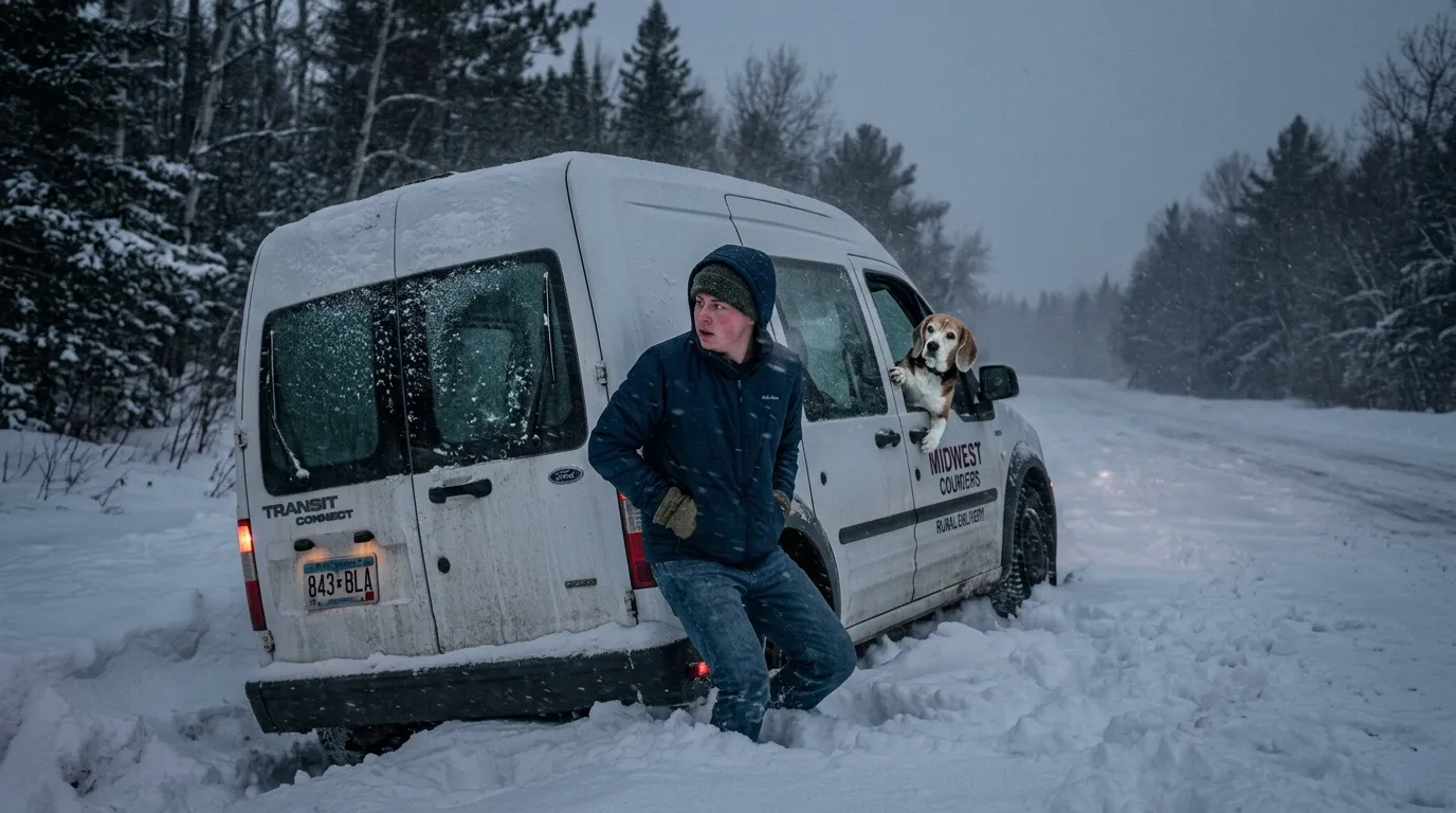 A freezing teenage boy next to a stuck car in a blizzard with an old beagle pawing at him