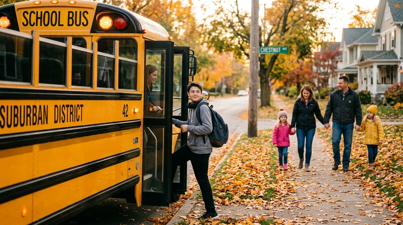 A teenage boy stepping onto a school bus in autumn, looking back with a peaceful smile