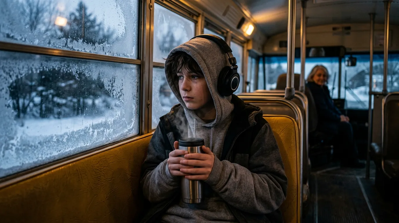A quiet teenage boy in a gray hoodie and black headphones sitting by a frosted bus window