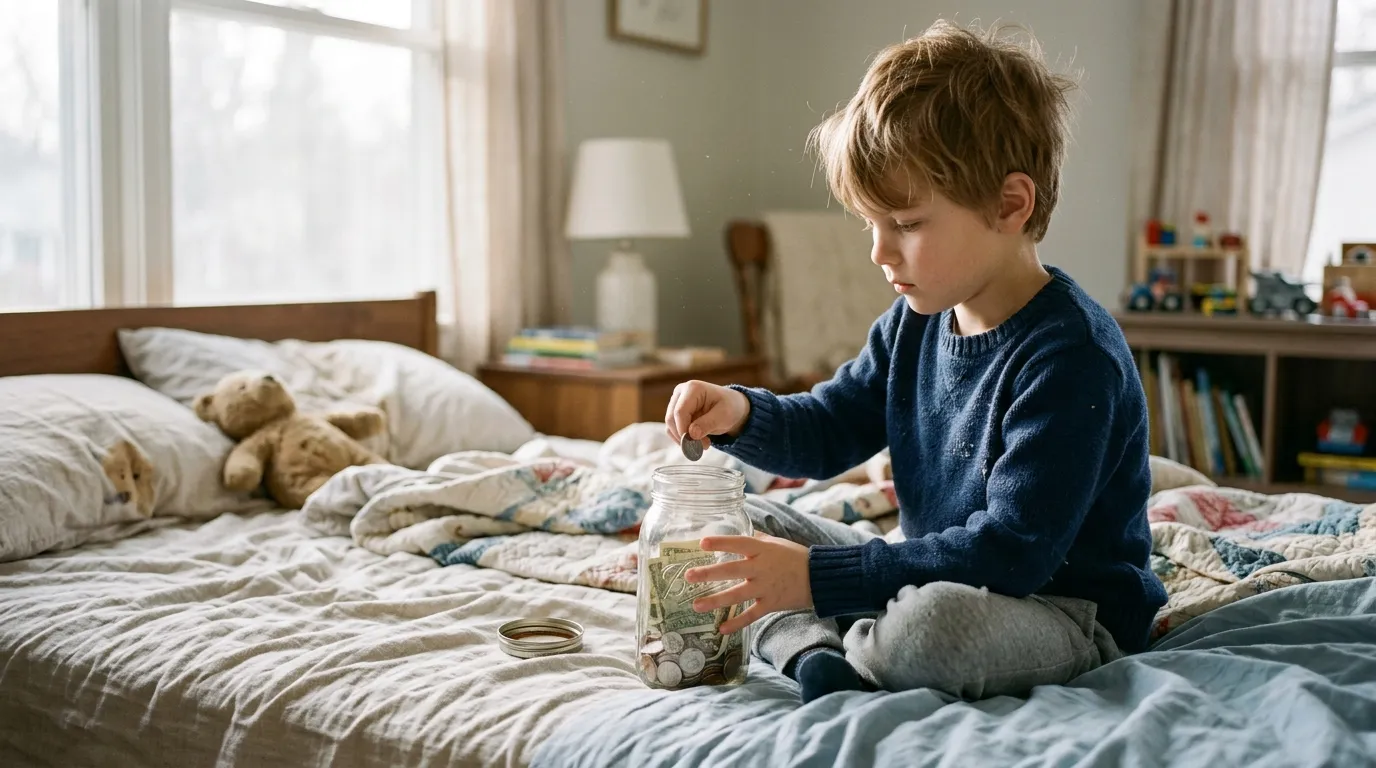 Young boy carefully placing money into an old glass jar on his bedroom table