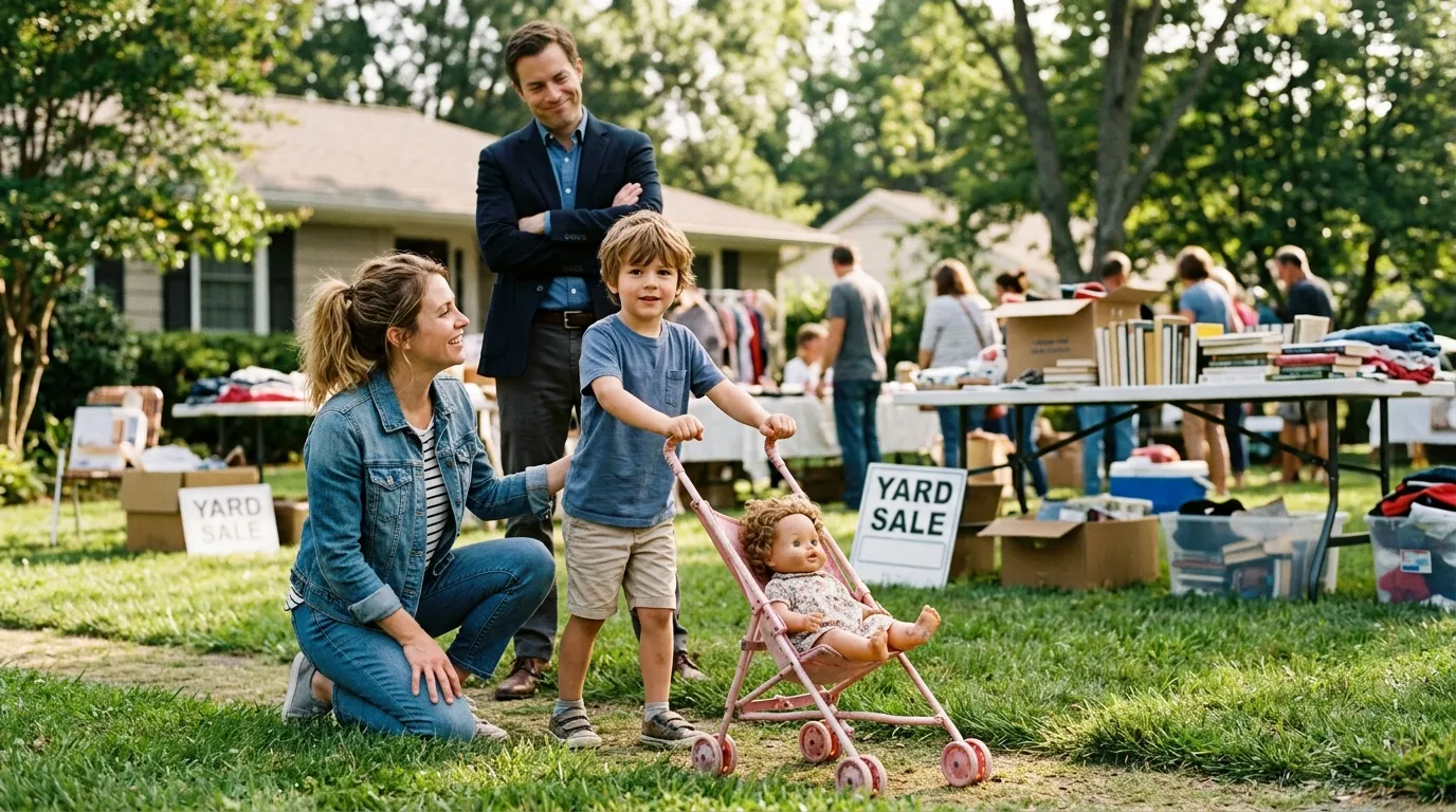 Six-year-old boy proudly holding a pink toy doll stroller at a neighborhood yard sale beside his parents
