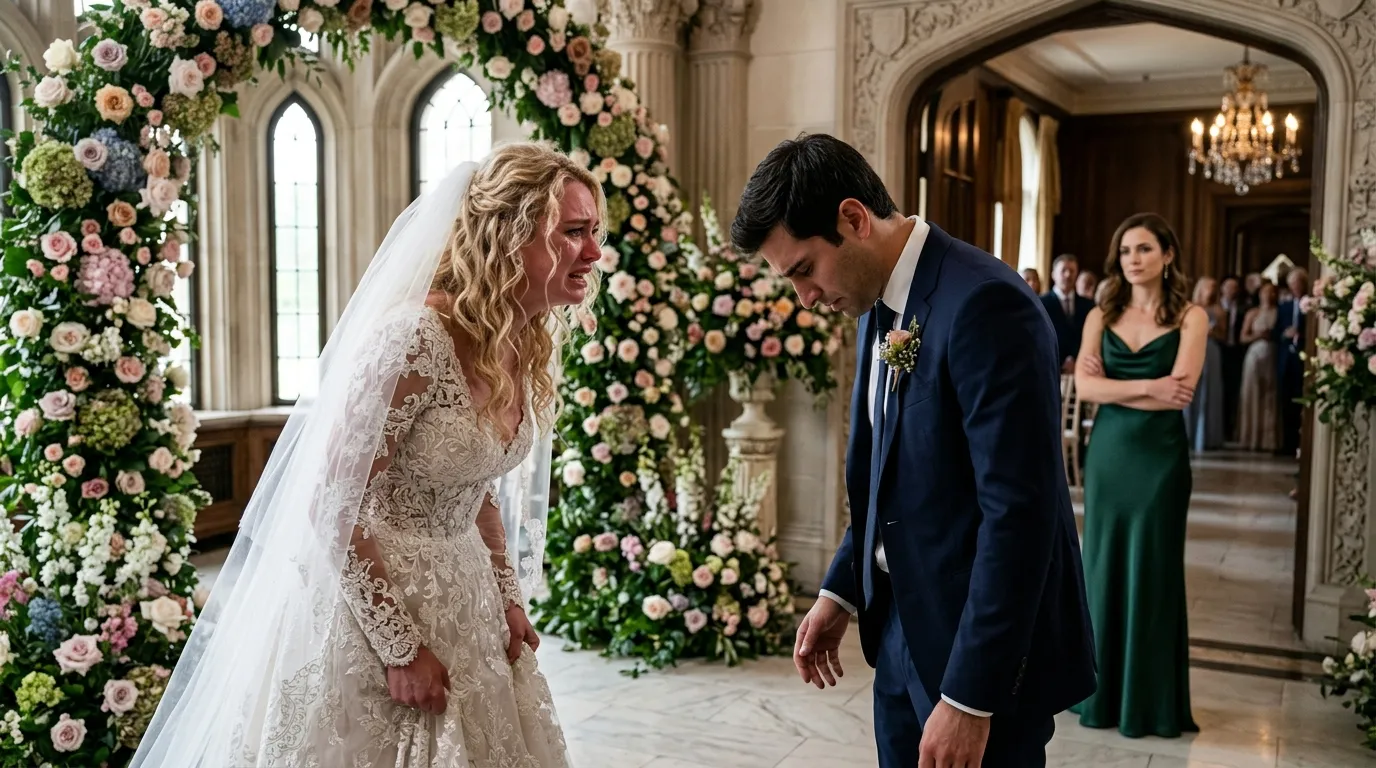 A shocked bride confronting her groom in a wedding vestibule while florist watches
