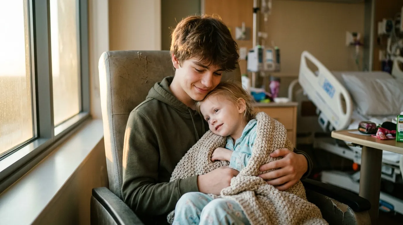 An 18-year-old brother gently holding his young sick sister in a hospital room