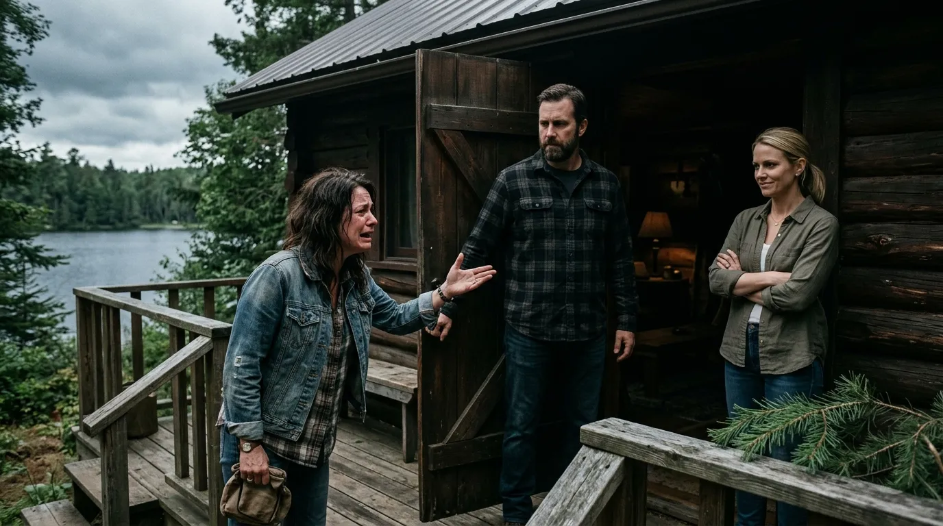 Tense standoff at the door of a lakeside cabin