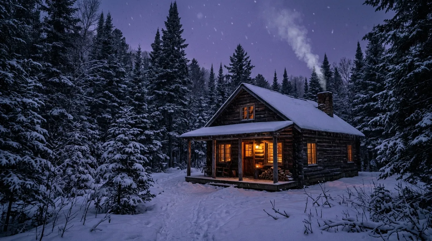 A secluded wooden cabin nestled deep within the snowy pine forests of northern Maine at dusk with glowing warm windows
