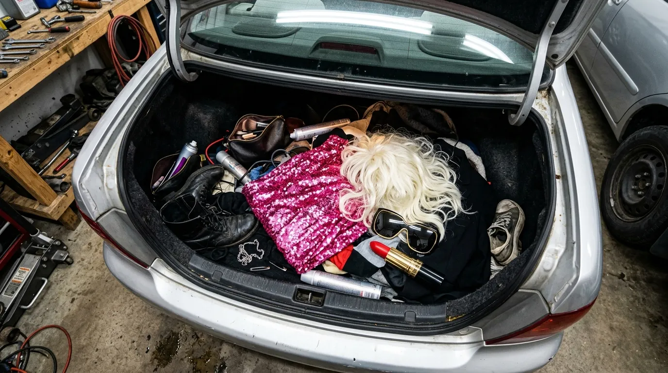 A bright platinum-blonde wig, a sequined dress, oversized sunglasses, and red lipstick in a car trunk