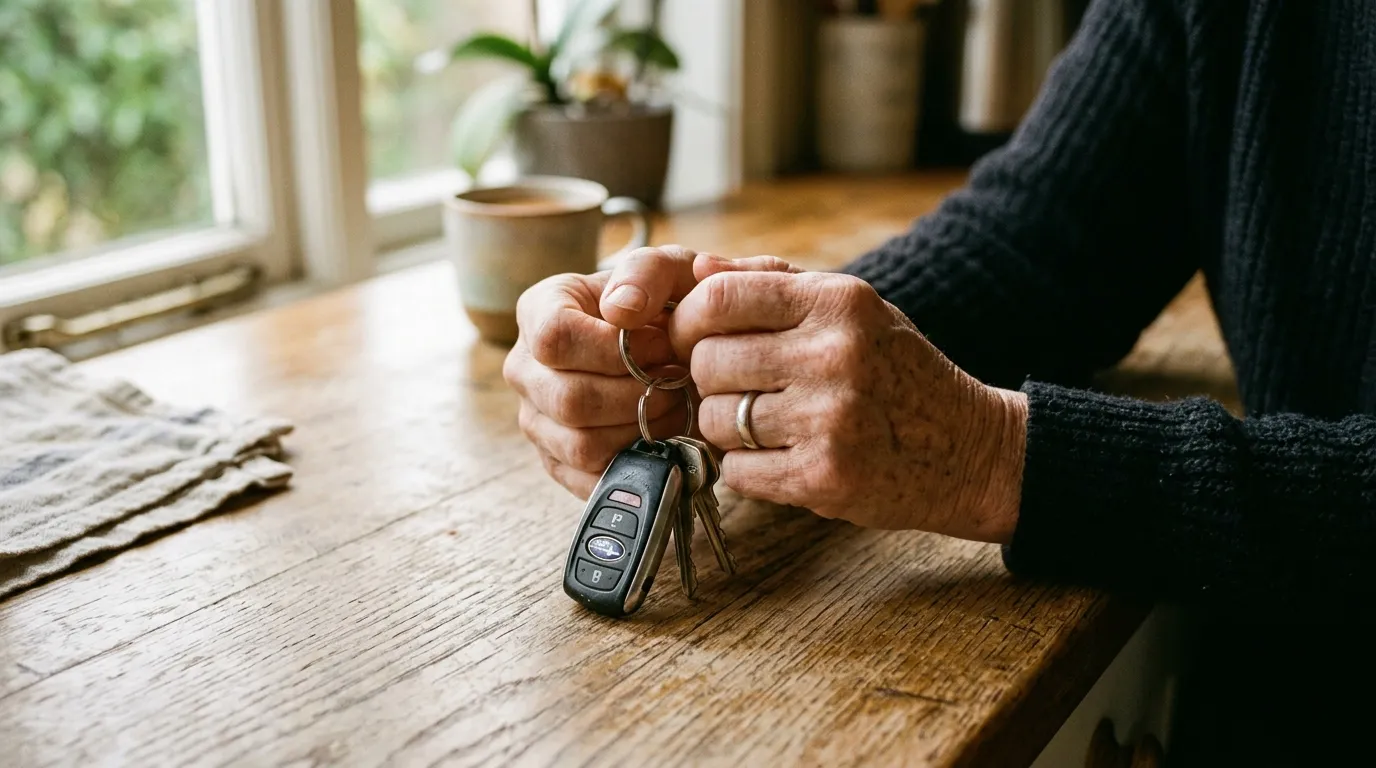 A 60-year-old woman's hands holding car keys in a kitchen