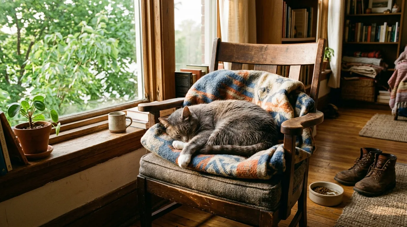 Healthy gray cat sleeping soundly on an armchair by a sunlit window with green leaves outside