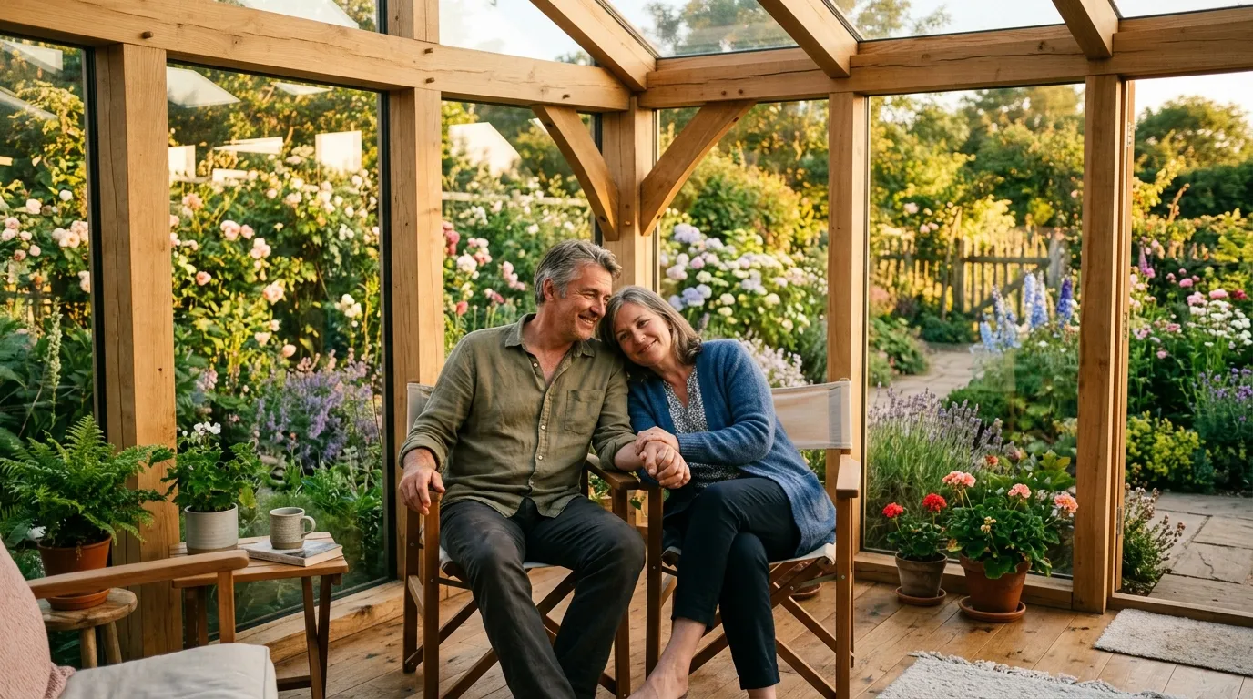 A glass and cedar sunroom looking out into a blooming garden, bathed in warm sunlight
