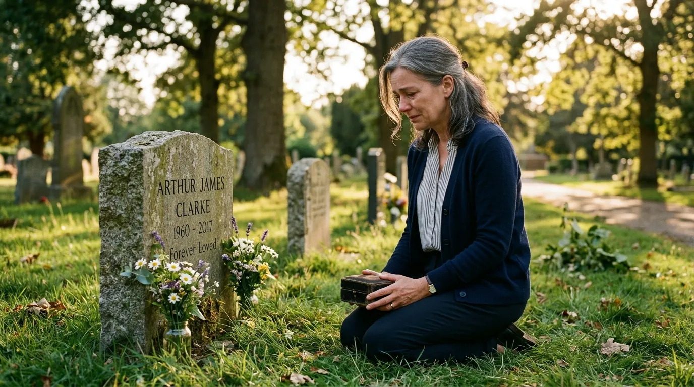 A grieving mother visiting her daughter's headstone in a peaceful cemetery during sunset