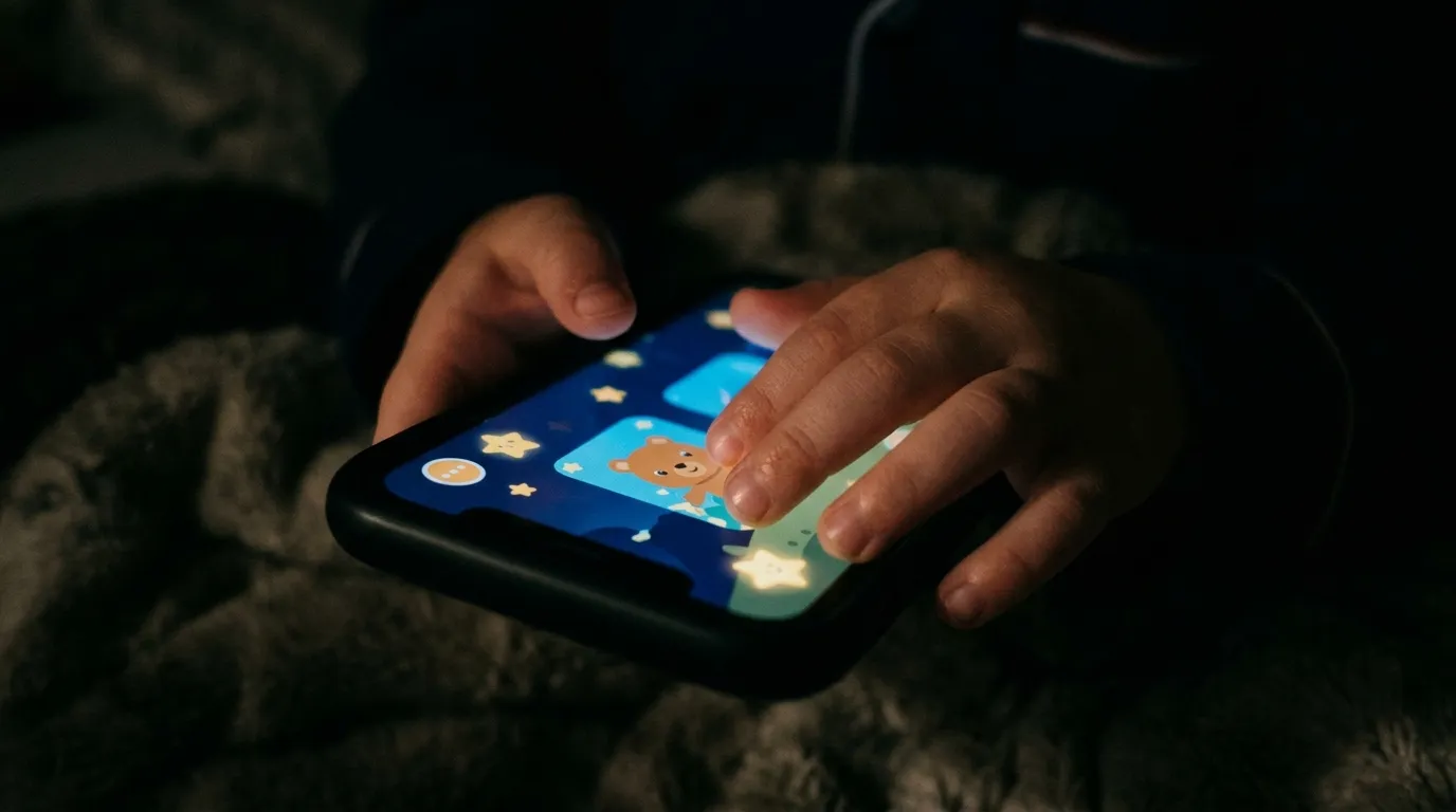 A small five-year-old boy's hands holding a glowing smartphone in a dimly lit room