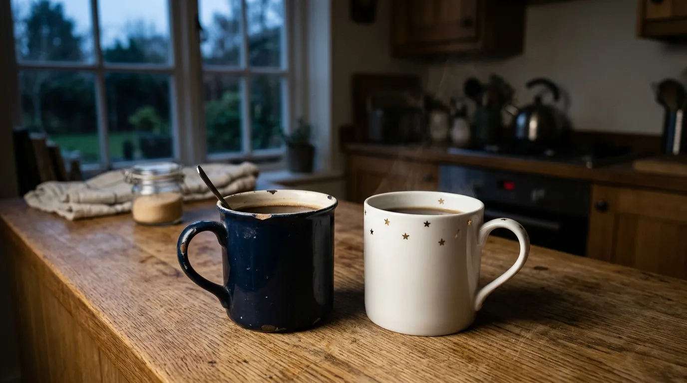 Two coffee mugs sitting on a kitchen counter in the morning light