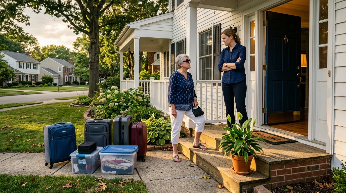 Claire Bennett standing firm on the porch of her suburban home with luggage outside