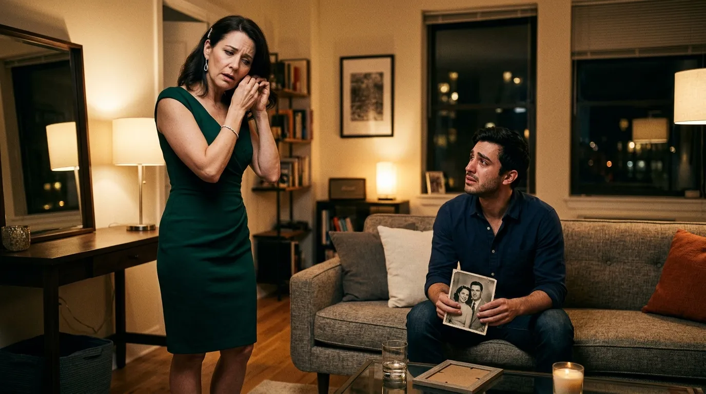 Claire frozen in the doorway wearing an emerald green dress as Ethan holds the photograph.